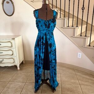 CONNECTED APPAREL 12P Blue Black Floral Maxi Baby Doll Dress Y2K Sheer Coquette